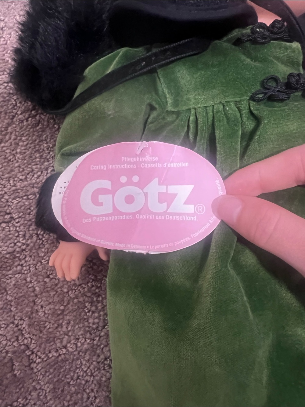 Vintage Götz Doll Blonde Hair Green Velvet Dress w/ Faux Fur Trim Germany - Picture 8 of 12